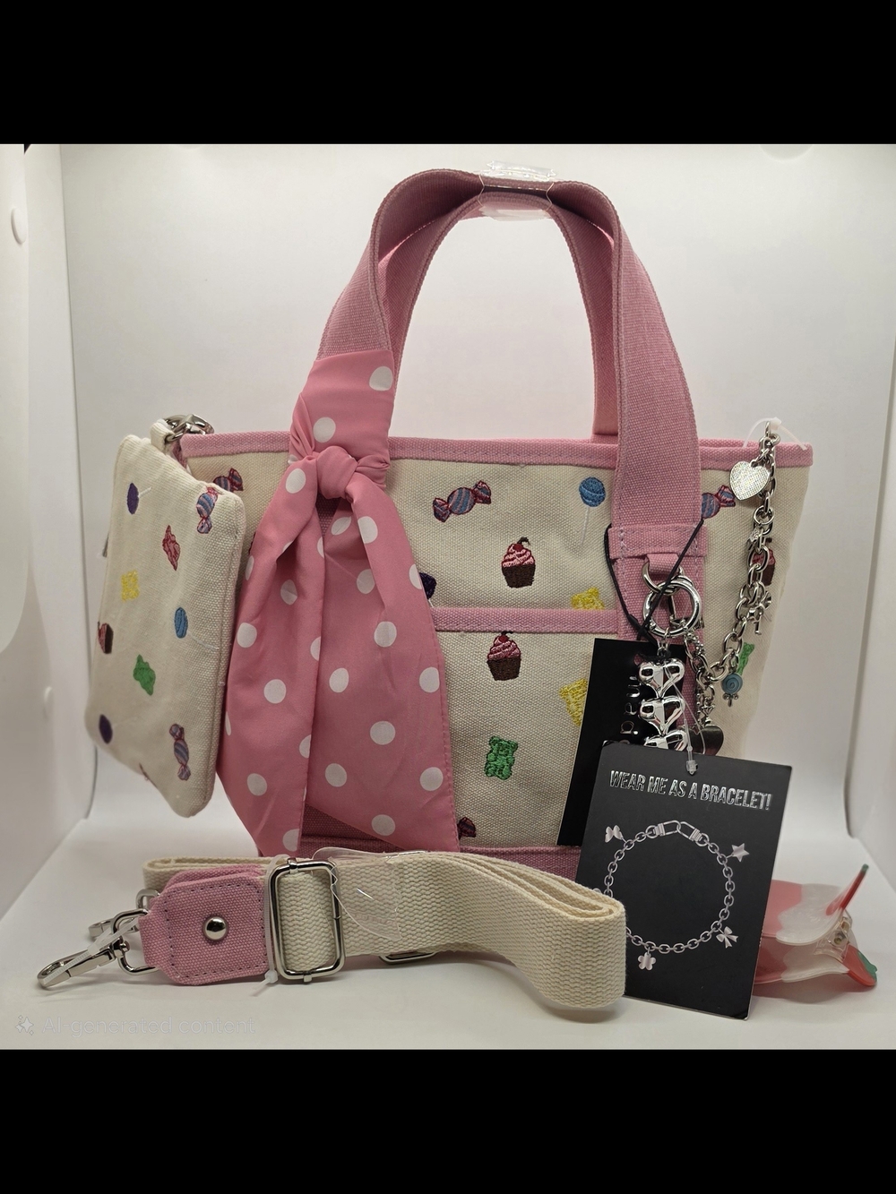 Madden Girl Pink & Cream Sweet Treats Tote with Polka Dot Scarf